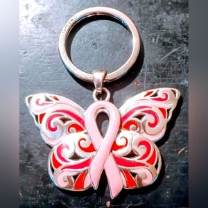 Vintage Brighton Silvertone Butterfly with Pink Breast Cancer Ribbon Key chain